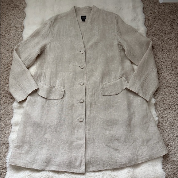 Eileen Fisher Linen Jacquard Embroidered Minimalist Long Jacket / Coat - L - Picture 10 of 16